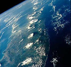 Photo showing the 'Ring of Fire' line of volcanoes in the South Pacific taken from space.