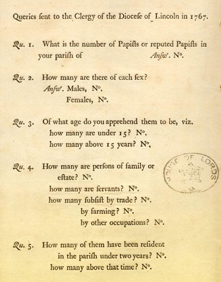 Shows a printed manuscript with five numbered questions relating to the number of Papists in the Diocese of Lincoln. At the top it says Queries sent to the Clergy of the Diocese of Lincoln in 1767.