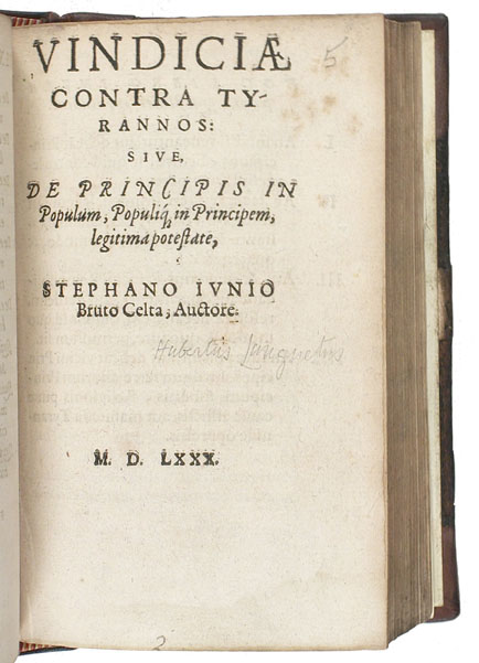 Shows title page of a book with Latin inscription reading Vindicia Contra Ty-rannos.