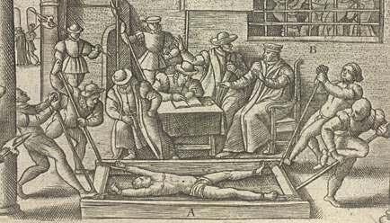 Shows an engraving of a man being tortured on a rack watched by a group of people. 