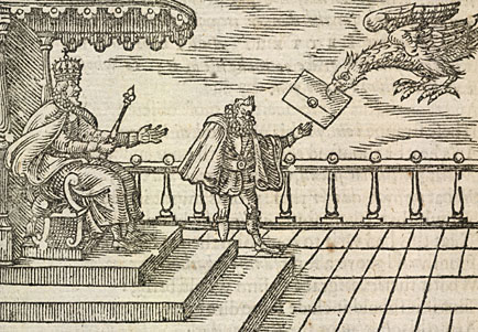 Shows an engraving of an eagle delivering a letter to a man standing next to the king, seated on a throne.