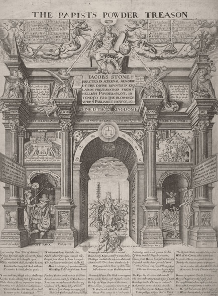 Shows a detailed and ornate picture of a neo-classical building with symbolic characters and drawings within it. These represent, amongst other things, royalty, parliament and Guy Fawkes. At the top of the drawing are the words The Papists Powder Treason.
