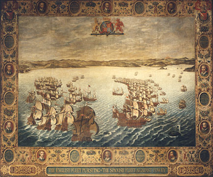 Shows a painting of rows of English warships pursuing Spanish ships in a bay. The painting has an ornate frame with portraits and crests. 