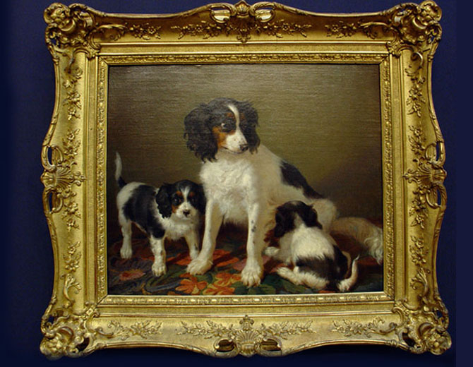 A painting showing a Spaniel with two puppies