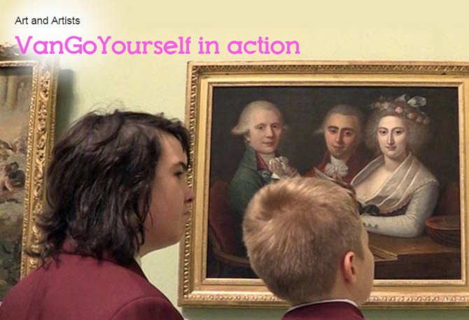 A screenshot showing some schoolchildren in front of a painting. 