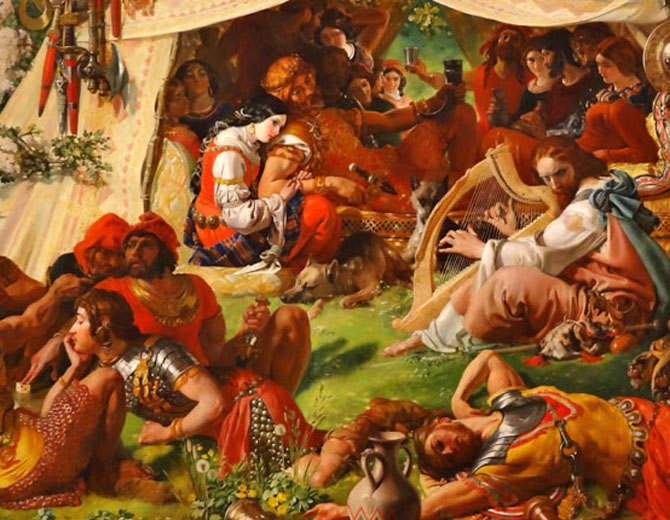A painting showing King Afred at a Danish court