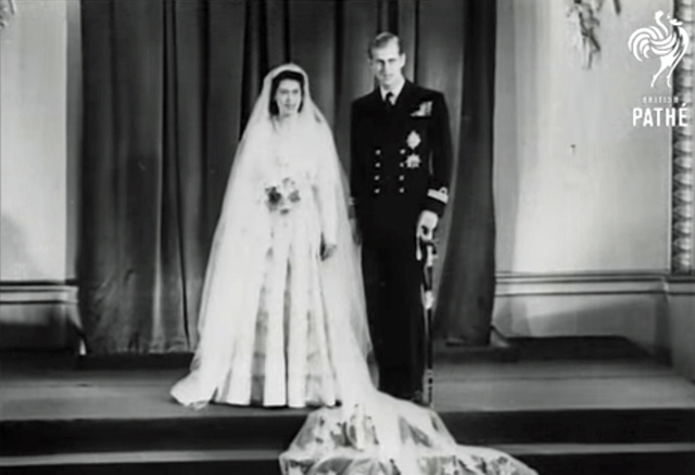 A screenshot showing Queen Elizabeth II and the Duke of Edinbugh on their wedding day