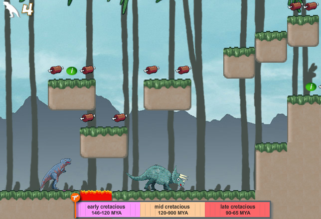 a screenshot showing a two dinosaurs in a platform game