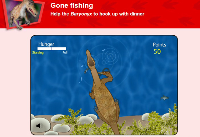 A screenshot showing a cartoon dinosaor fishing