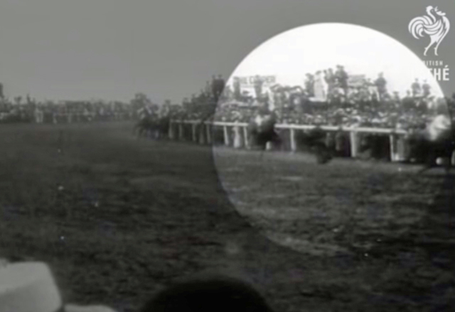 A black and white screenshot showing a race course