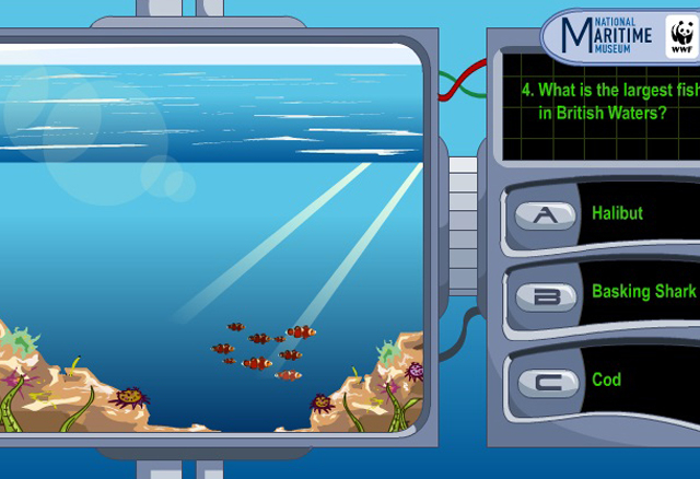 A screenshot showing a cartoon view from a submarine