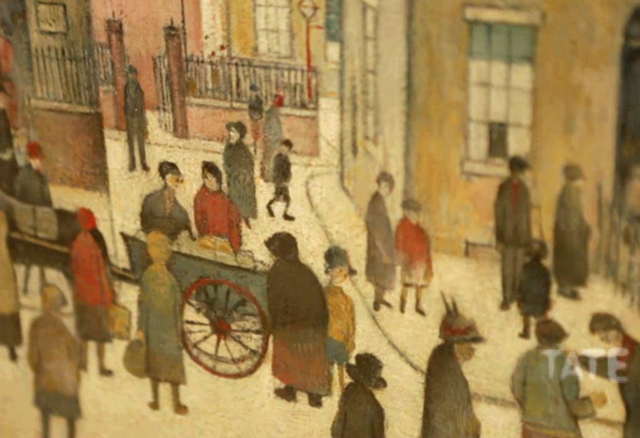 A screenshot showing a close up of a Lowry painting. 