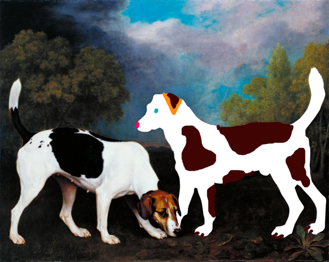 a painting of dogs with one dog coloured in in cartoon style
