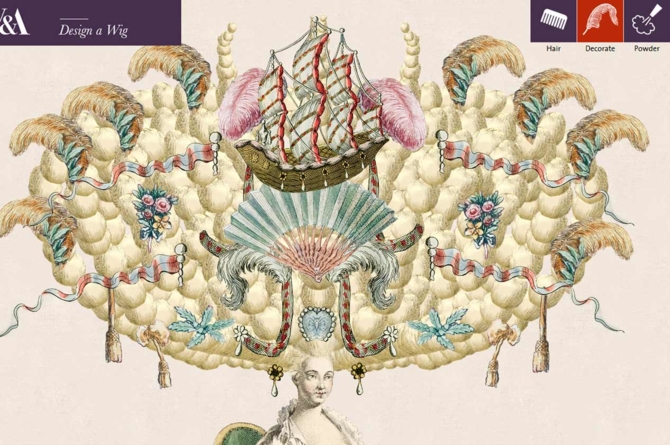 an illustration of a woman with very large wig decorated with ship, fan, jewels and flowers