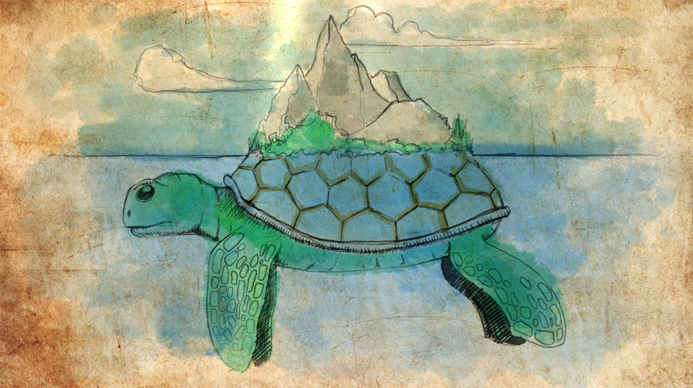 illustration of a giant turtle underwater, with an island on its shell sticking out of the water