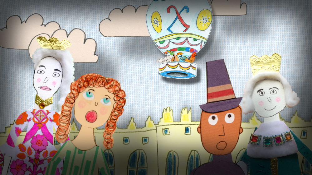 animated illustration of hot air balloon flying while people watch