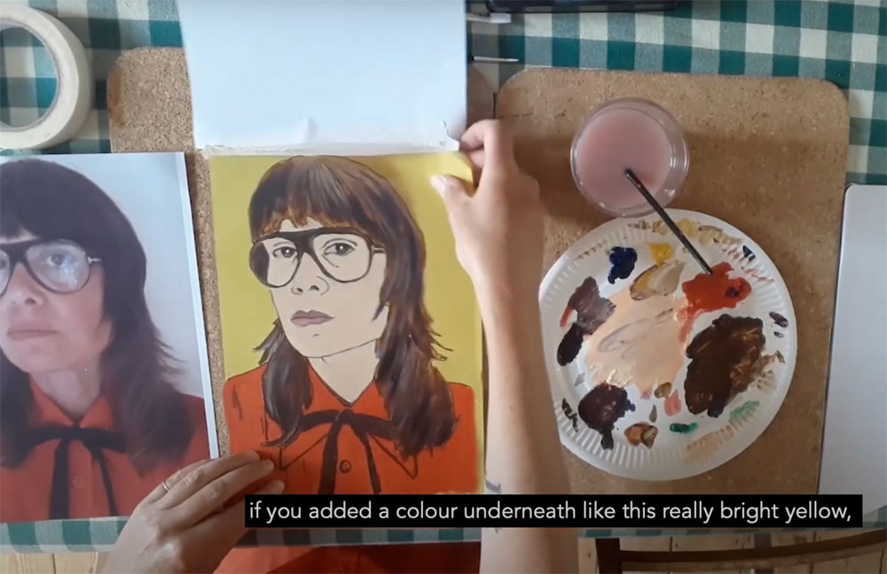 screenshot showing a pop art style portrait next to a photo portrait and paints