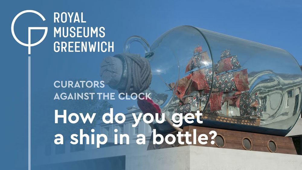 youtube thumbnail image for RMG's video "How do you get a ship in a bottle?" showing Yinka Shonibare's Nelson's Ship in a Bottle