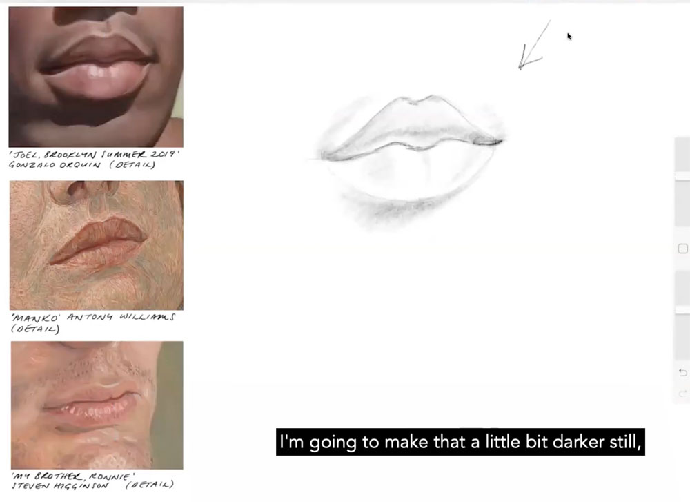 three painted portraits showing detail of the mouths with a sketch of a mouth to the side