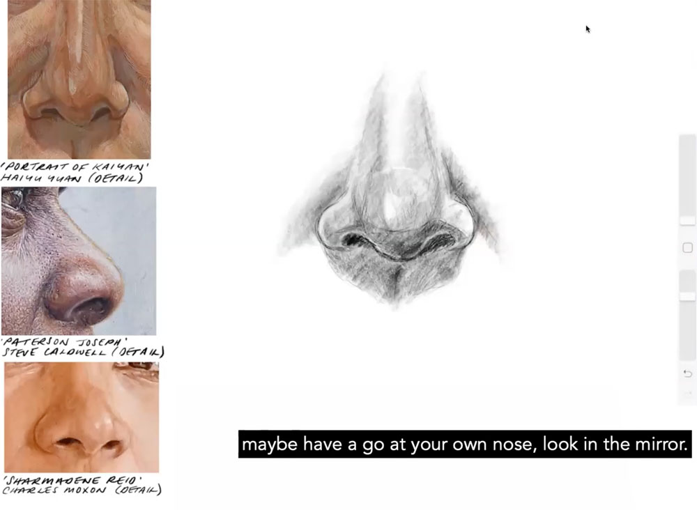 three painted portraits showing detail of the noses with a sketch of a nose to the side